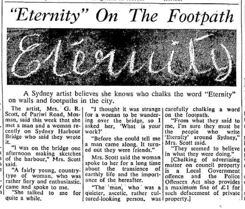Image 1 of 4 - Newspaper excerpt with the title ‘”Eternity’ On The Footpath’ and image of the word ‘Eternity’