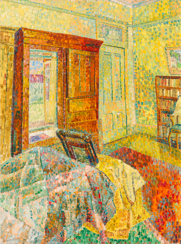 Image 3 of 6 - Painting of the interior of one of Grace Cossington Smith’s rooms. The painting contains a white door, a bookshelf to the right and a large brown piece of furniture to the left.