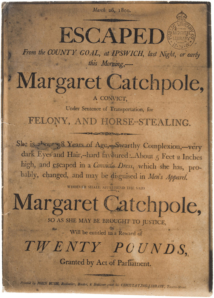 Image 3 of 6 - Old reward poster for returning Margaret Catchpole after she escaped prison. Black text on parchment paper . Text says ‘ESCAPED’ ‘Margaret Catchpole’ ‘FELONY, AND HORSE-STEALING' ‘Reward of TWENTY POUNDS’ along with some other small text.