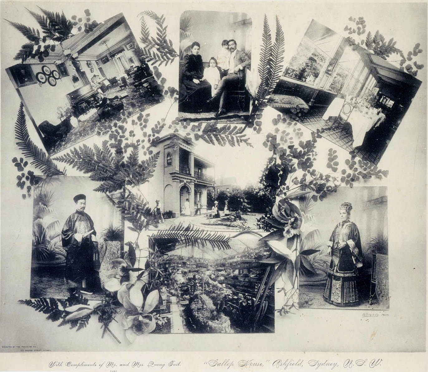 Image 3 of 6 - Collage of black and white images containing Quong Tart, his wife, their house and fernery. Images are intertwined with leaves and flowers. Bottom text reads ‘With compliments of Mr & Mrs Quong Tart, 1892’ … ‘“Gallop House