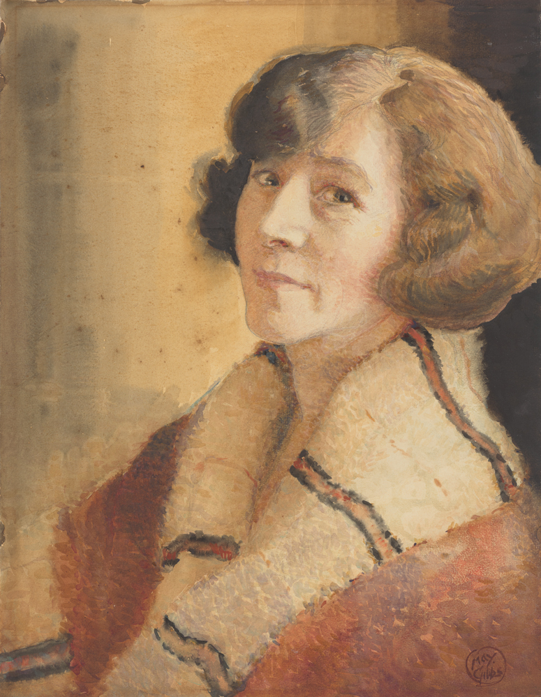 Image 3 of 5 - Self-portrait painting of May Gibbs. May is wearing a thick white scarf with yellow stripes.