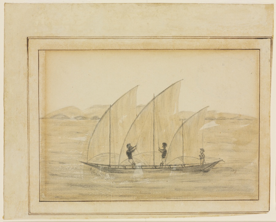 Image 2 of 3 - A sketch of a small boat with three white sails being manned by three people