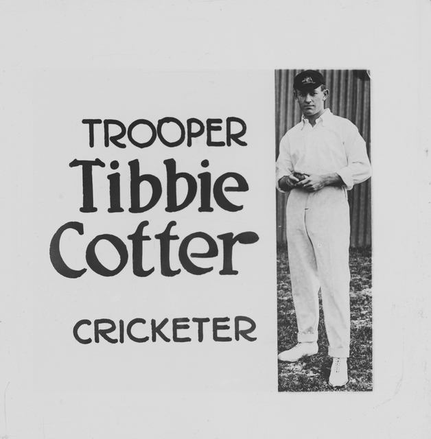 Tibbie Cotter in all white cricket uniform. Next to text saying, ‘Trooper Tibbie Cotter Cricketer’. 