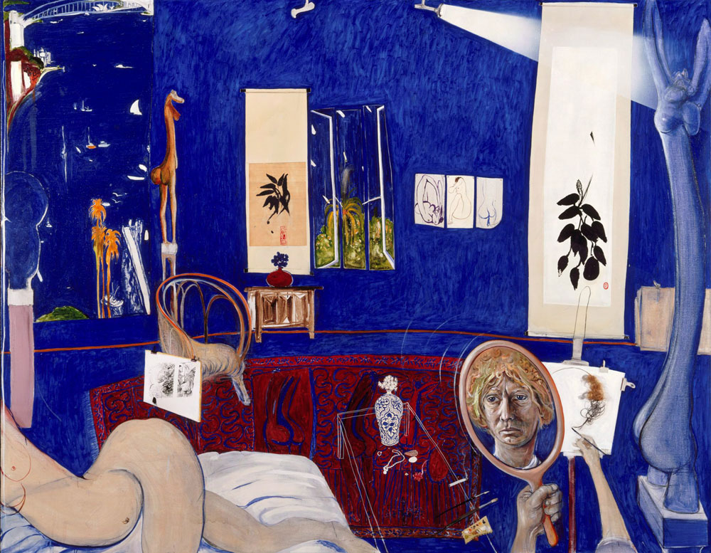 Image 1 of 3 - Self Portrait in the Studio, 1976 is a self portrait of Brett Whiteley which won the Archibald Prize in 1976. Brett’s face can bee seen in a handheld mirror in the lower right as he paints the canvas in front of him, the background of his studio in Lavender Bay depicts other Whiteley artworks and objects from the home. To the left a female figure lies in repose.
