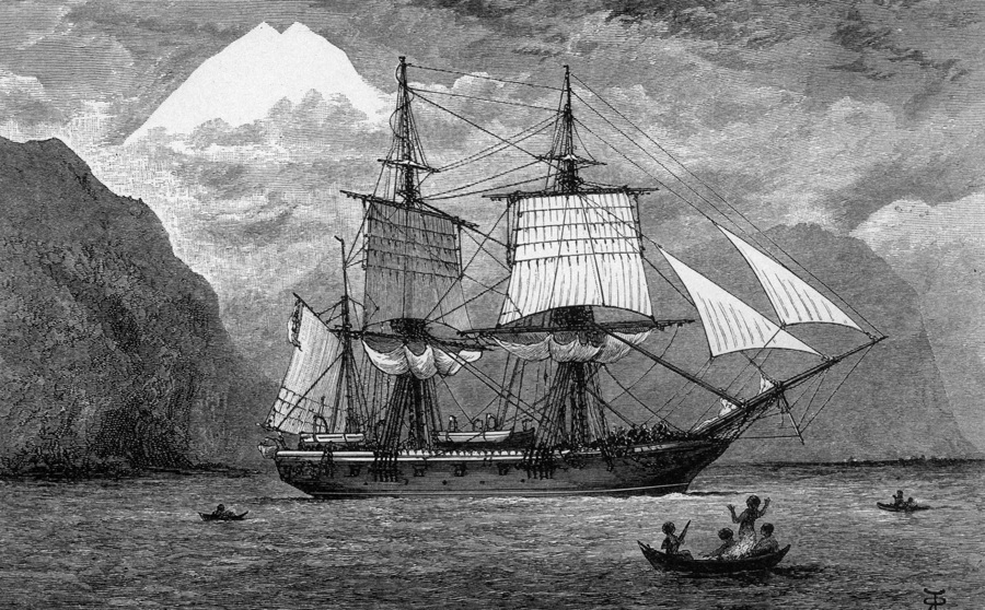 Image 3 of 3 - Black and white drawing of an old ship with large white sails on the ocean. In the foreground is a small boat with people in it.