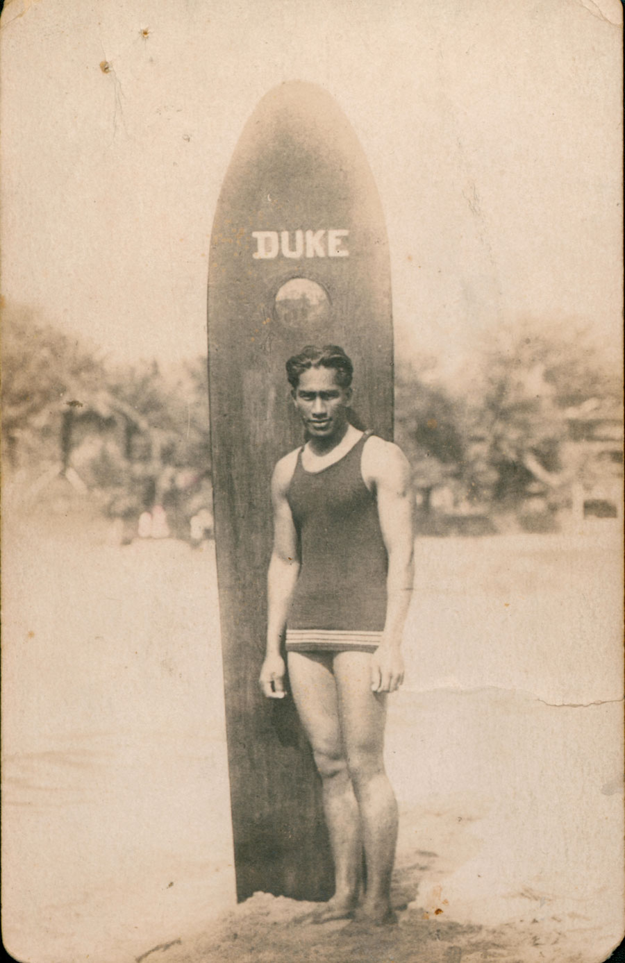 Image 3 of 6 - This postcard depicts Hawaiian champion swimmer and surfer Duke Kahanamoku in about 1915. Duke gave a legendary demonstration of surfing techniques at Freshwater Beach on 24 December 1914.