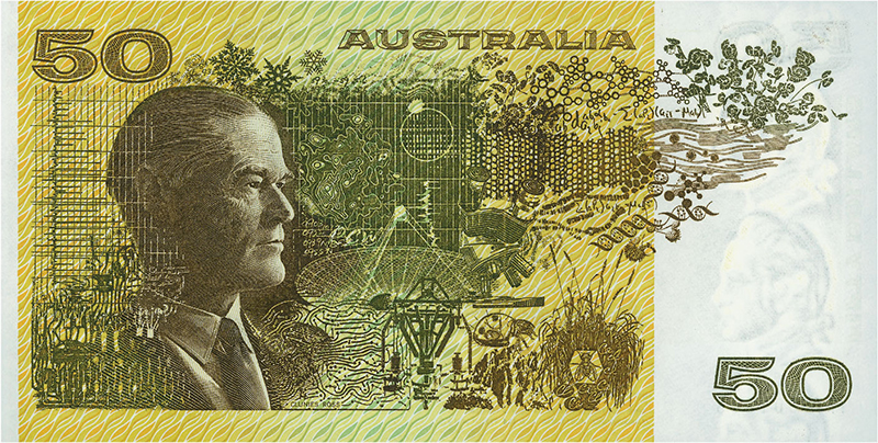 A yellow and white banknote with text ‘50 Australia’ and featuring images in black including a profile portrait of Ian Clunies Ross and a satellite dish 