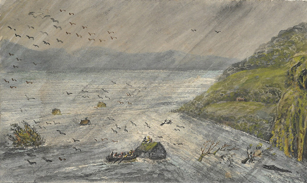 Image 5 of 6 - Drawing of a large, flooded area, with some people on the roof of a small, submerged house in the foreground. There are more people on a wooden boat rowing in the water next to the house, with another submerged house in the distance. There is a large green mountain on the right-hand side, and some mountains in the background, with birds flying in the air and broken tree branches in the water.