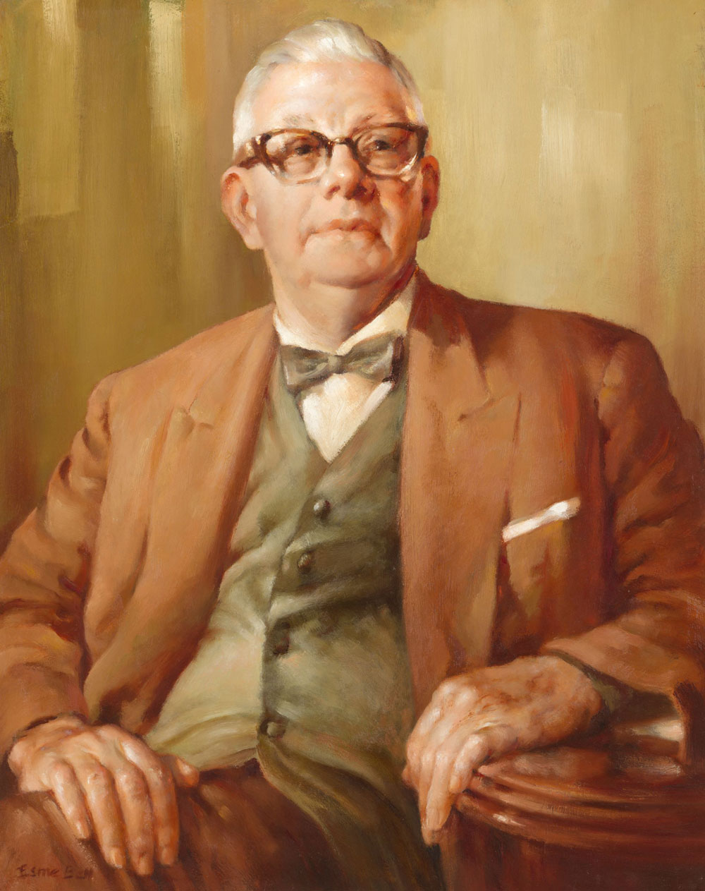 Image 5 of 5 - A formal painted portrait of Sir Edward Hallstrom by artist Esme Bell painted around 1960. Sir Edward is seated, wearing a brown suit, grey vest, and bowtie. The artwork is now part of the National Portrait Gallery Collection