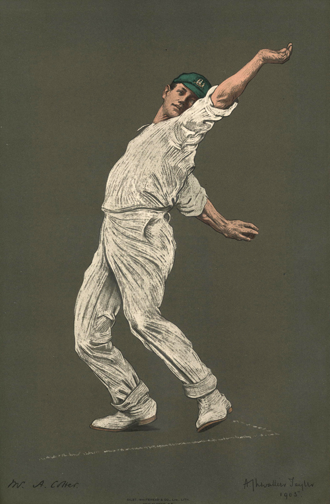 Image 2 of 6 - Albert ‘Tibby’ Cotter in a white cricket uniform, the baggy green hat and white shoes, in motion about to deliver the cricket ball with his right hand.