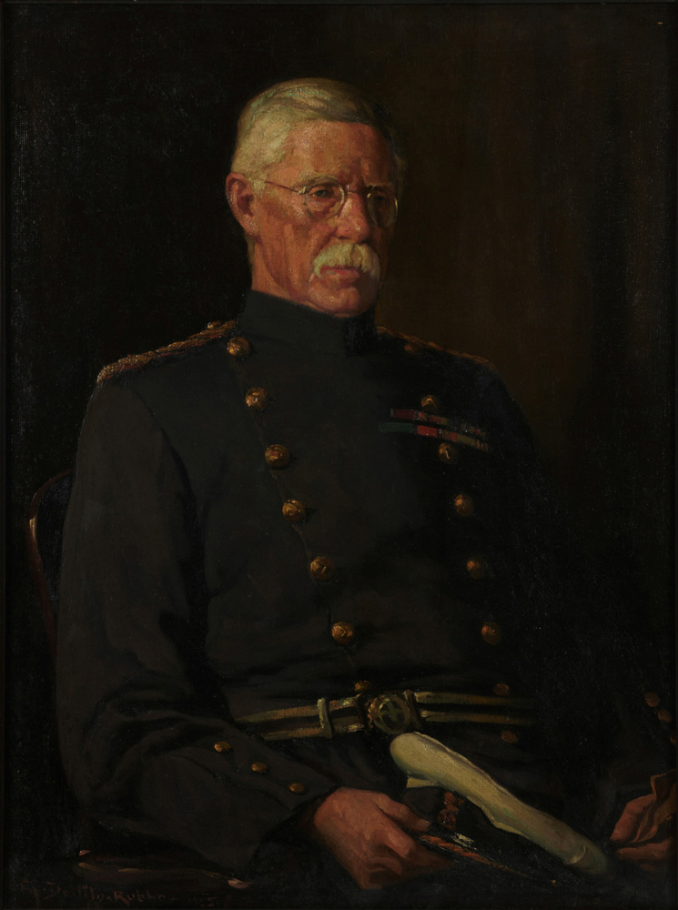 Image 4 of 6 - Portrait painting of Dr Thomas Fiaschi sitting on chair. Wearing a navy-coloured army uniform with gold buttons and his white hat in hand.