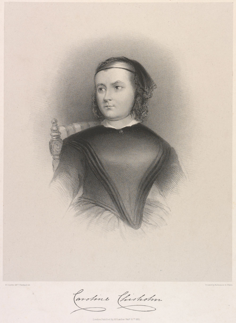 Image 1 of 5 - A lithograph of Caroline Chisholm sitting in a chair showing her head and torso only