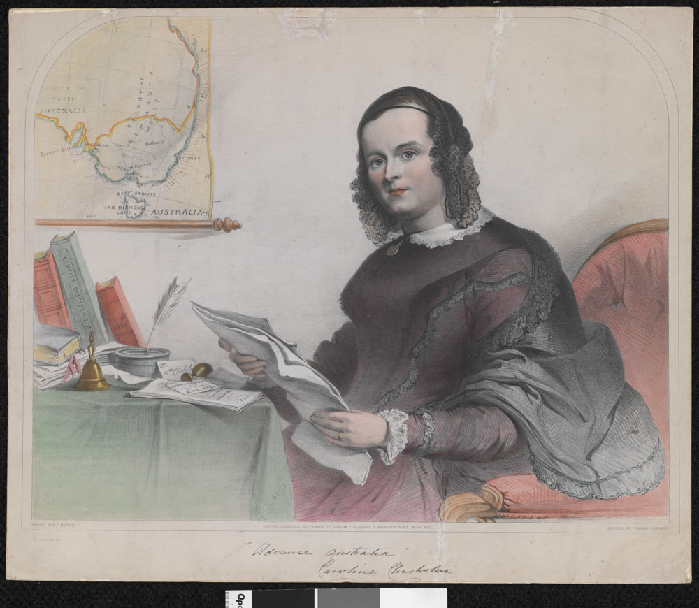 A lithograph by Thomas Fairland based on an oil painting by Angelo Collen Hayter. Caroline Chisholm sits at a table reading some papers. 