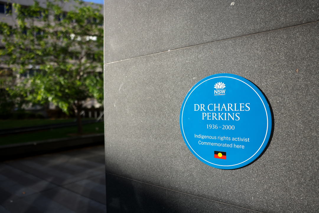 Image 2 of 4 - Blue Plaque for Charles Perkins on a grey wall